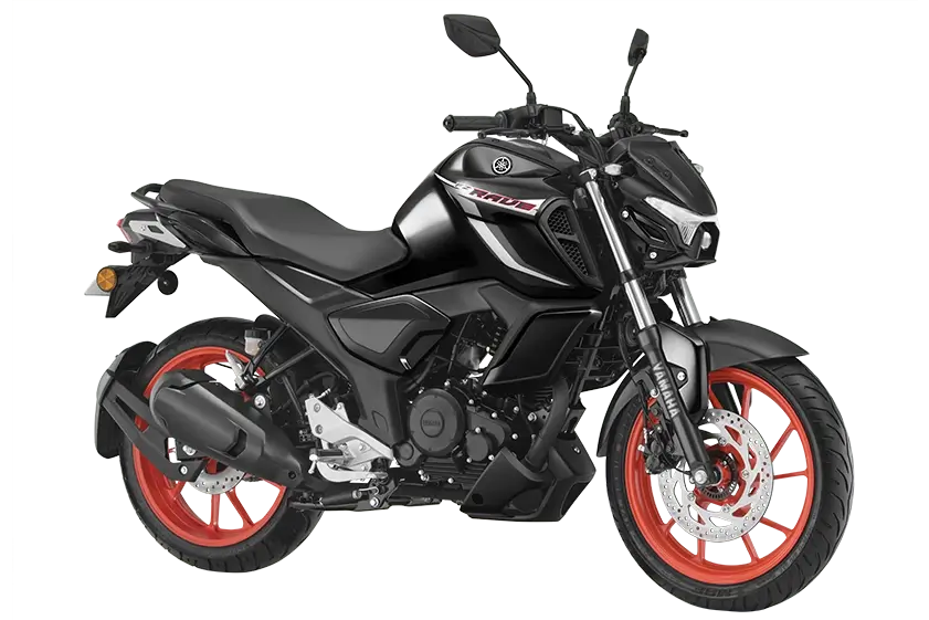 Black Yamaha FZ Rave motorcycle displayed at Oxena Motors Coimbatore