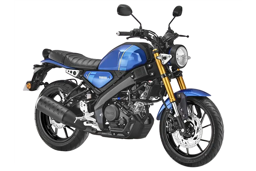Blue Yamaha XSR 155 motorcycle displayed at Oxena Motors Coimbatore