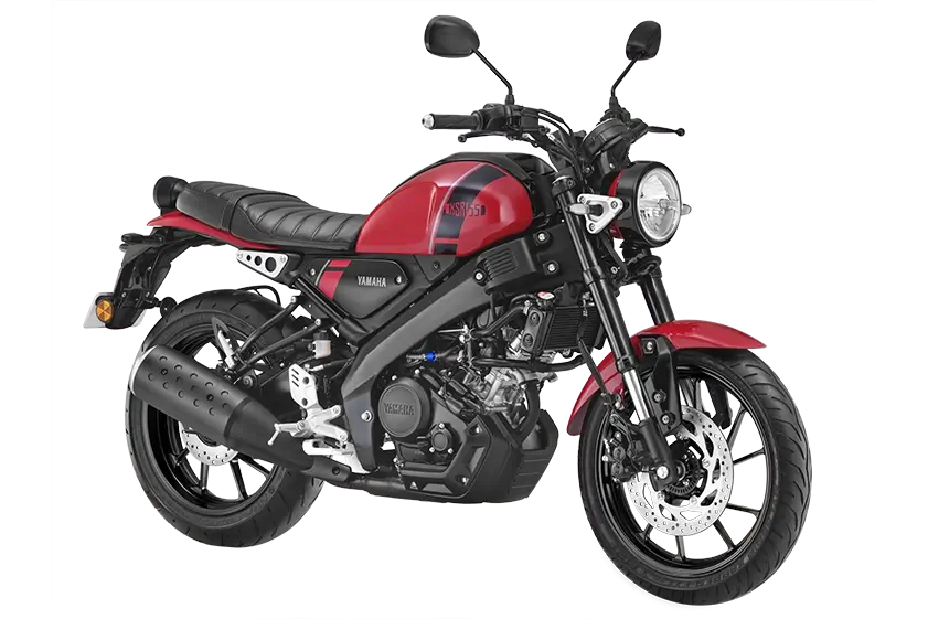 Red Yamaha XSR 155 motorcycle displayed at Oxena Motors Coimbatore